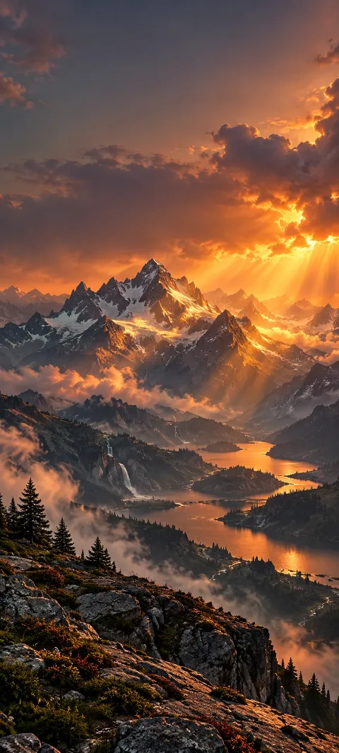 Snow peaks and a winding lake glow beneath copper storm light.
