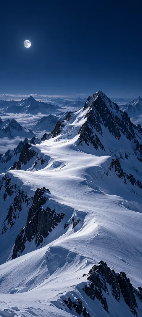 Moonlit white snow shelf winding around a dark alpine peak beneath a blue sky and small moon.