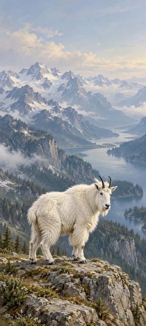 A whole white mountain goat on a rocky ledge overlooking snowy mountains and blue lakes.