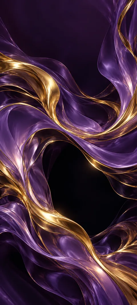 Violet liquid silk ribbons with gold veins twisting around a dark opening.