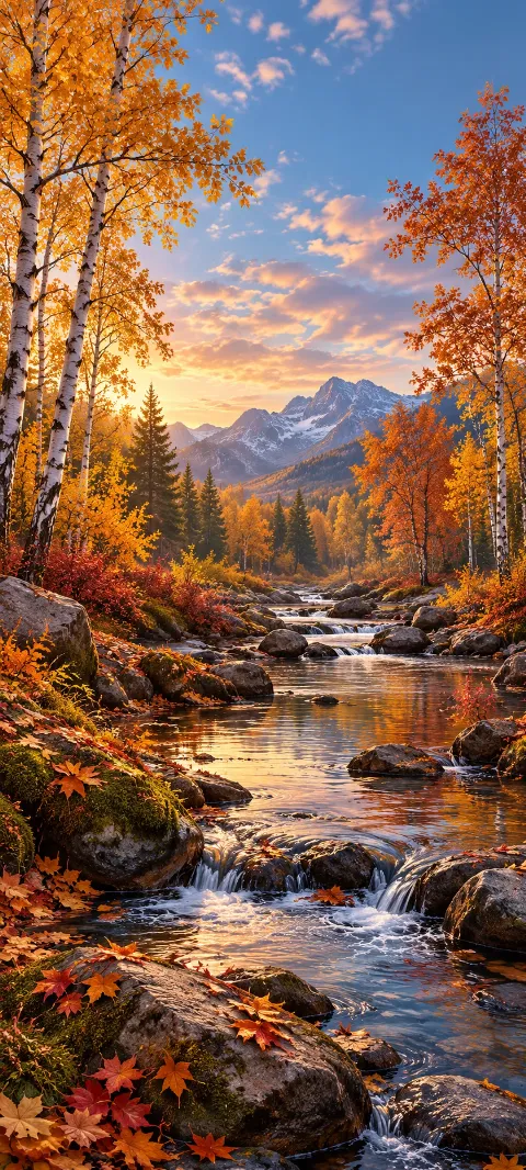 Rocky stream through amber birches with snowy mountains beyond.