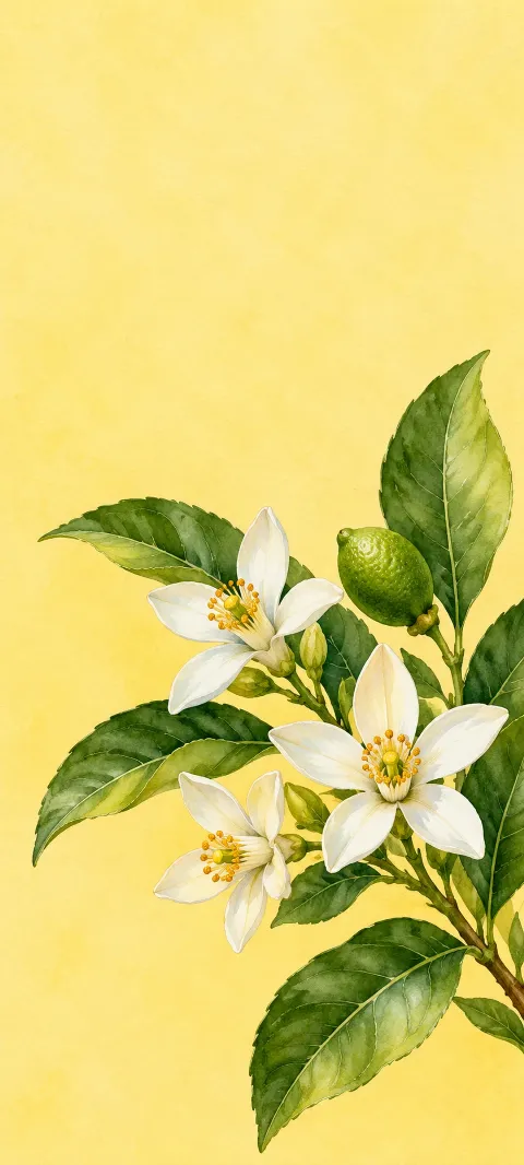 White lemon blossoms, green leaves and a small green lemon on pale yellow paper.
