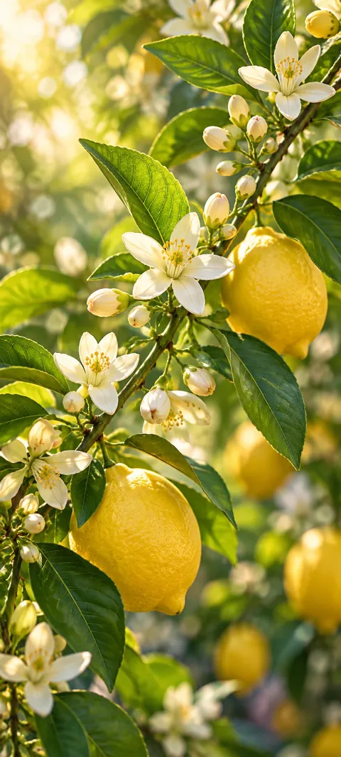Small lemon blossoms open along a slender green branch.