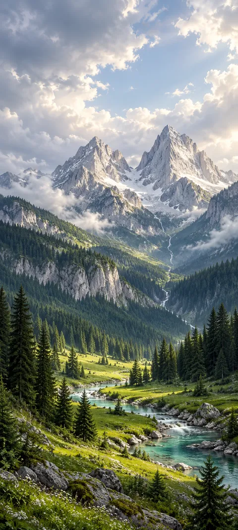 Twin pale mountains above a cedar filled valley, green meadows and a winding turquoise river.