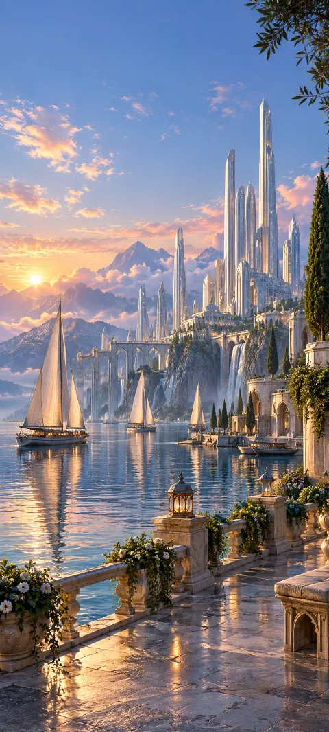 Silver towers rise above a harbor promenade and sailboats.