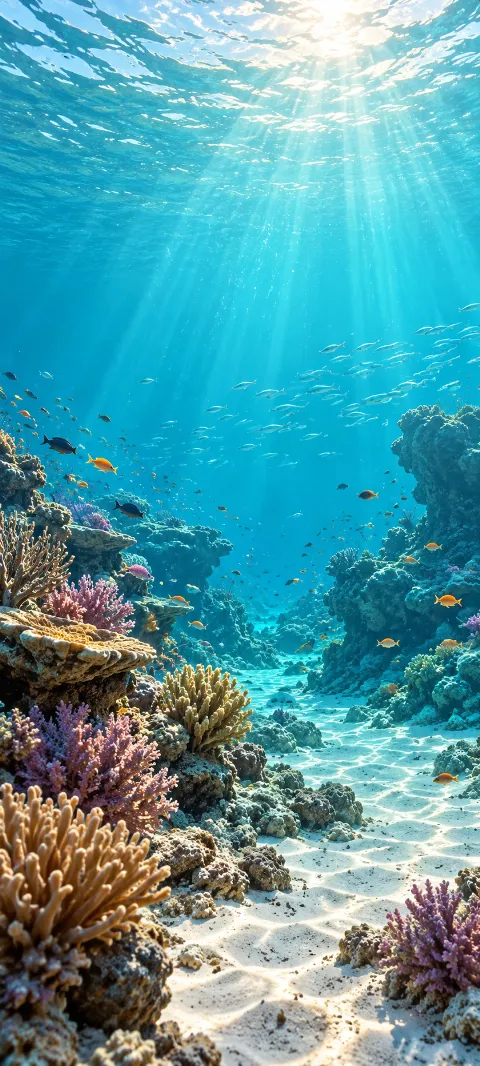 Sunlight reaches a coral lagoon with small fish.