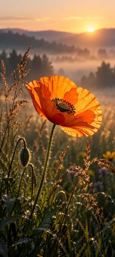 An orange poppy bends above grasses in a light breeze.