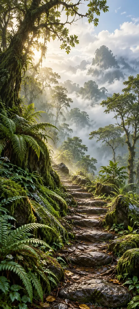 Fern-lined stone path climbing through a misty cloud forest.