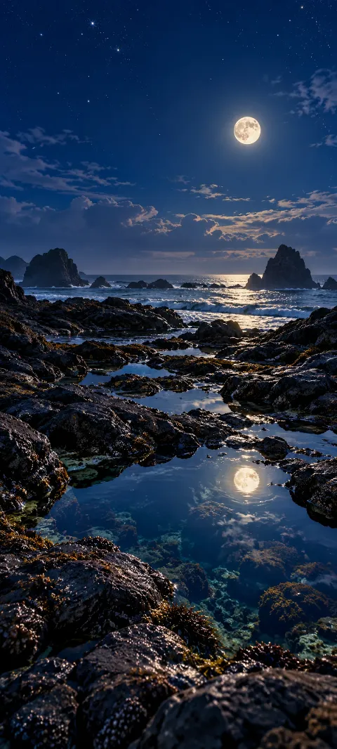 Moonlit tide pools mirror a deep blue sky.