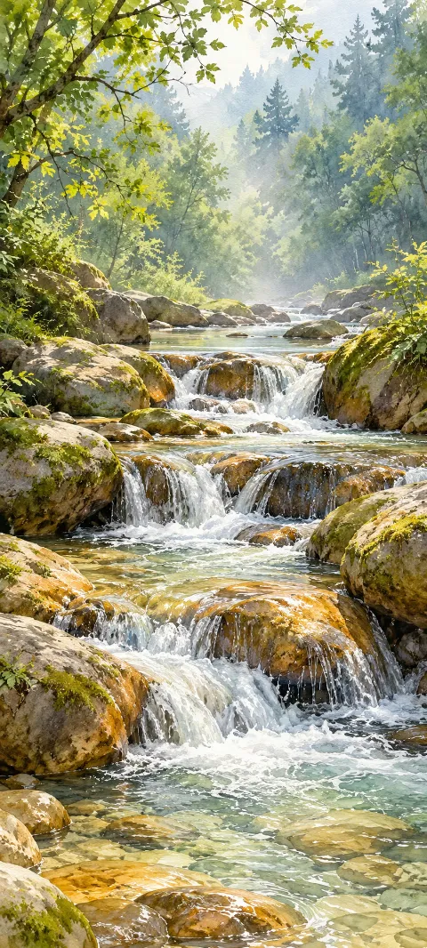 A clear creek cascading over warm golden rocks in a leafy sunlit forest.