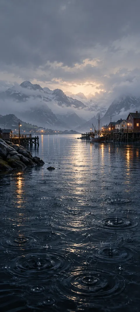 Rain circles spread across dark harbor water.