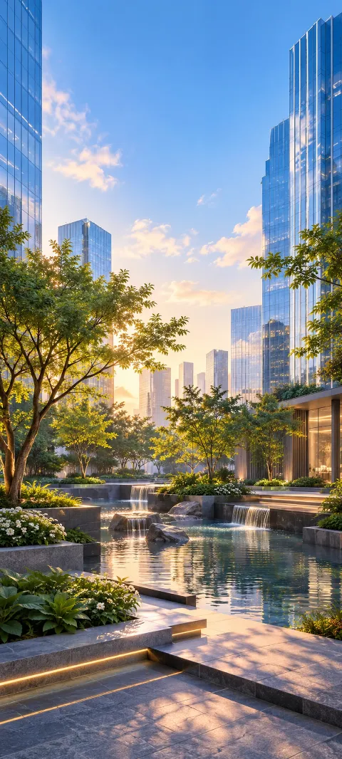 A quiet courtyard sits between blue glass towers.