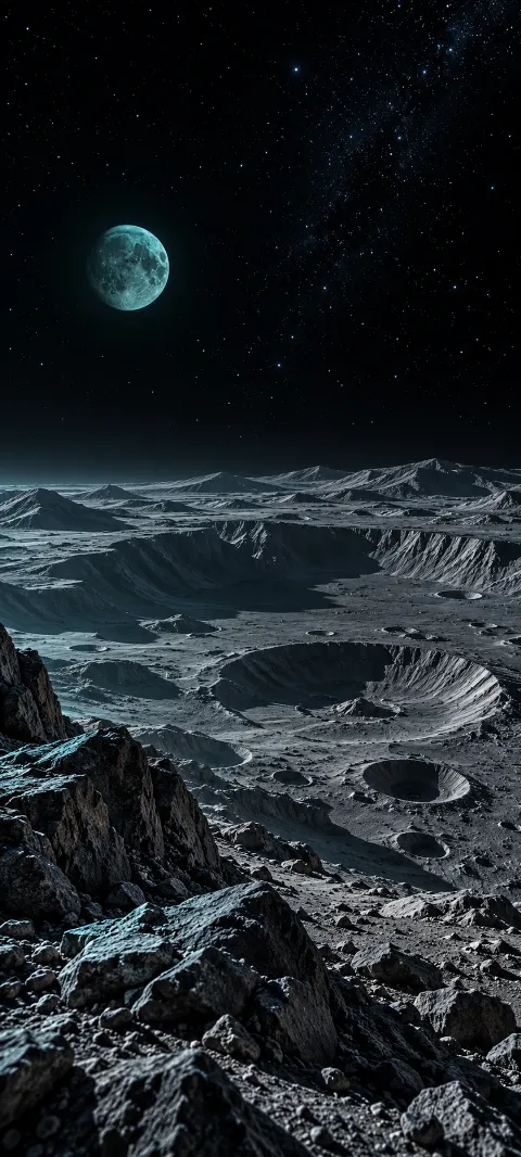 Teal moon over gray craters and cyan-lit rocks beneath black starry space.