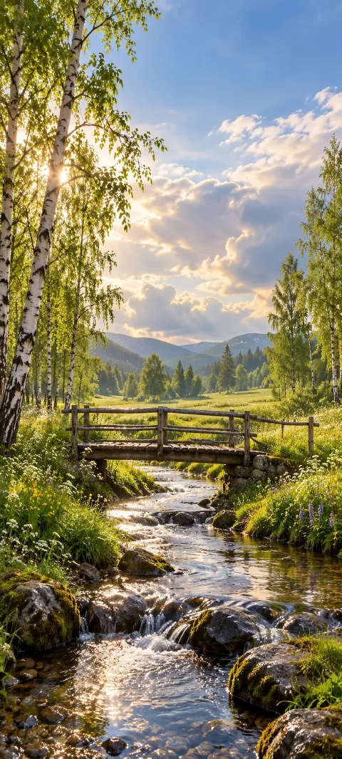 A wooden footbridge crosses a meadow stream between white birches.