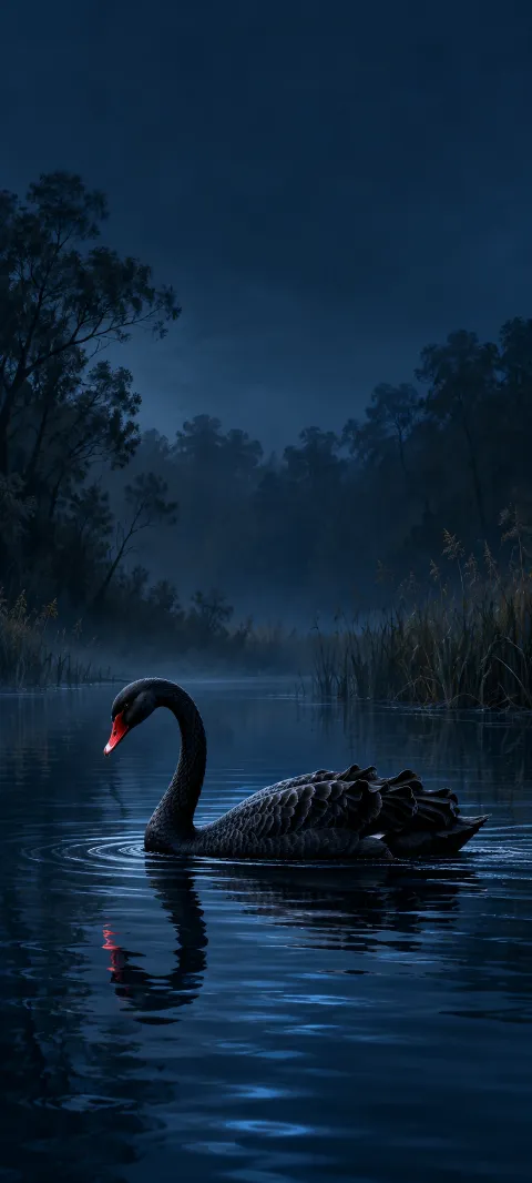 A black swan with a red bill on blue twilight water beside shadowed trees and reeds.
