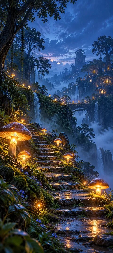 Mushroom-shaped lanterns mark steps through a blue forest.
