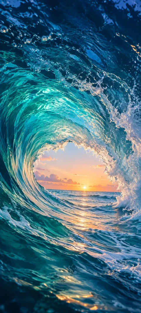 A curling turquoise wave frames a peach sunset over the open sea.