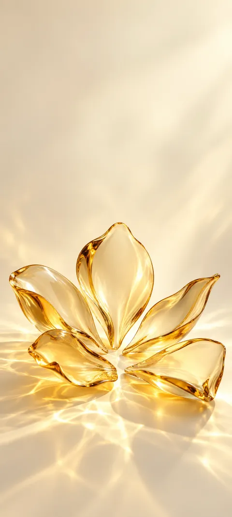 Five golden glass petal sculptures arranged like an open flower on cream.