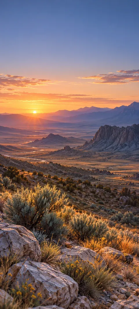 Sagebrush and pale rocks glow across a dry mountain valley.