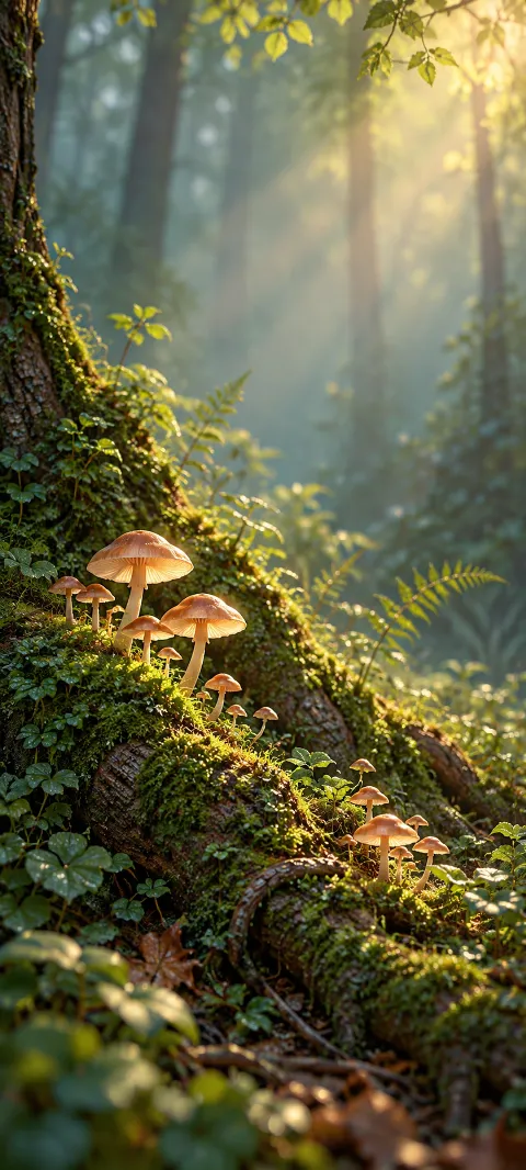 Small mushrooms form a ring around a mossy root in sunlight.