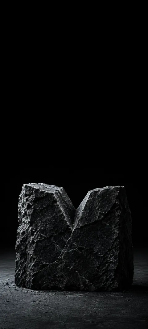Rough black stone block with a V shaped notch against black.