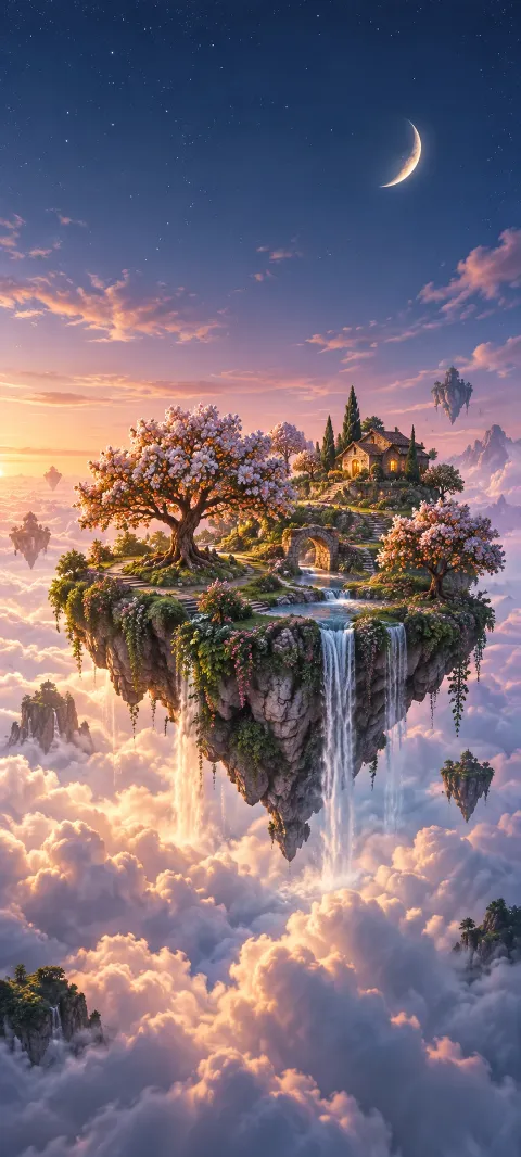 A floating orchard island drifts above silver clouds.