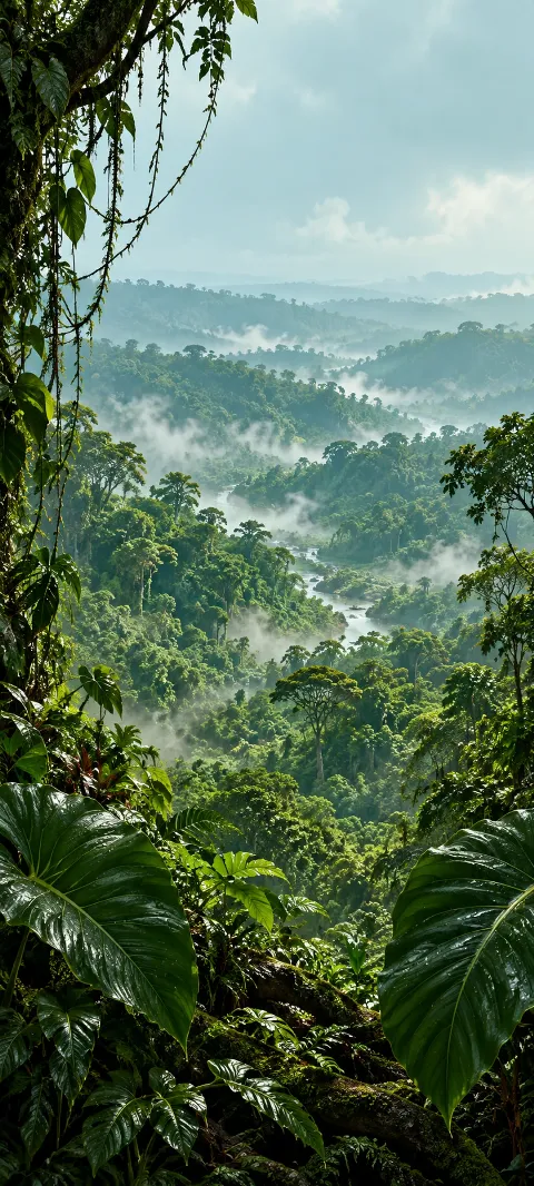 Wet leaves and hanging vines framing layered green rainforest ridges in mist.