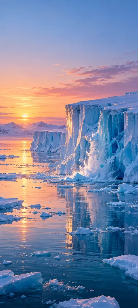 A blue ice shelf melts into a calm polar sea.