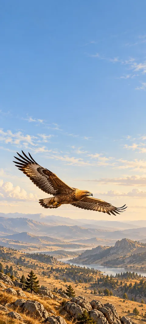 Golden eagle with spread wings above ochre hills and distant lakes beneath a blue sky.