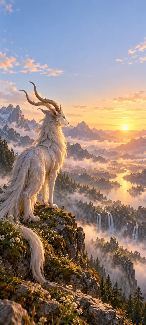 A gentle horned creature watches a dawn valley.