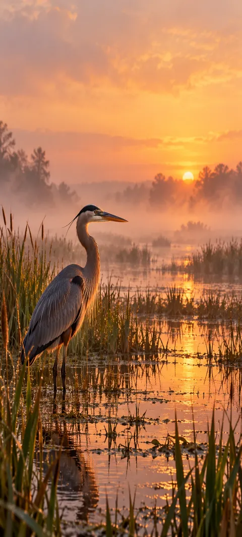 A heron stands among reeds in a quiet marsh.