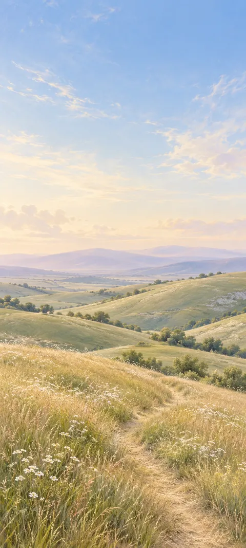 Grass trail through white wildflowers and rolling chalk hills under a soft morning sky.