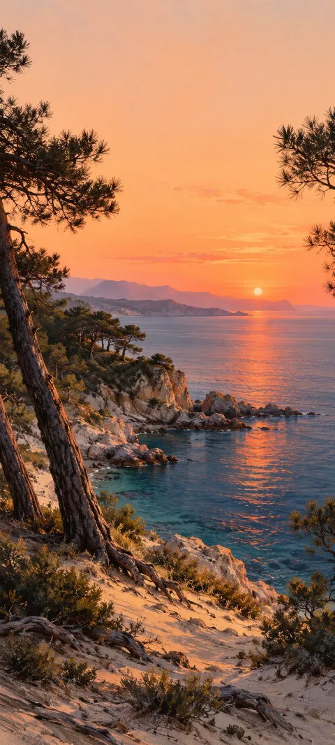 Leaning coastal pines and rocky blue cove reflecting a coral sunset.