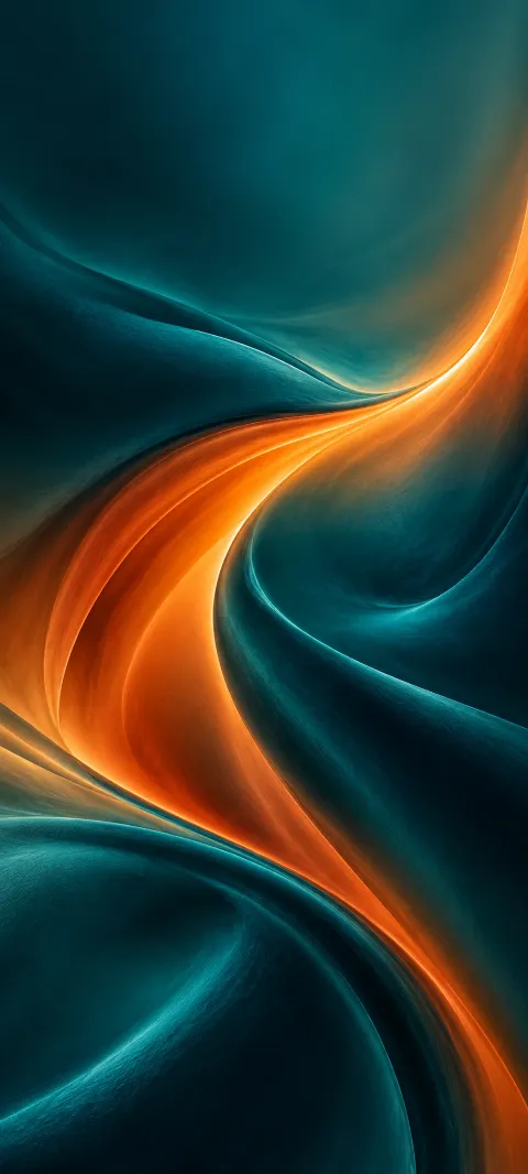 A tangerine arc meets deep teal velvet-like shapes.