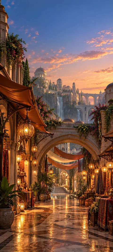 An imagined market arcade glows beneath copper awnings.