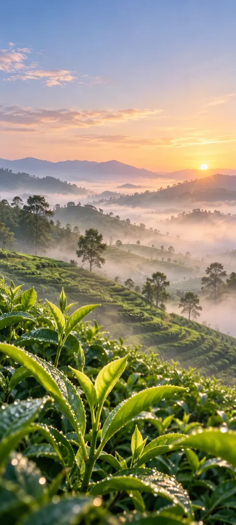 Bright fresh tea leaves before misty hillside rows in sunrise light.