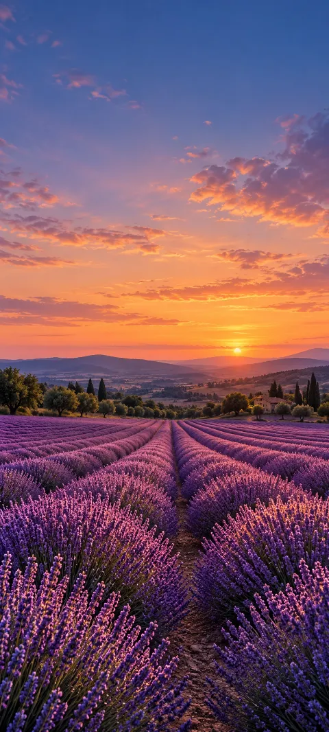 Lavender rows lead toward low hills beneath a wide evening sky.