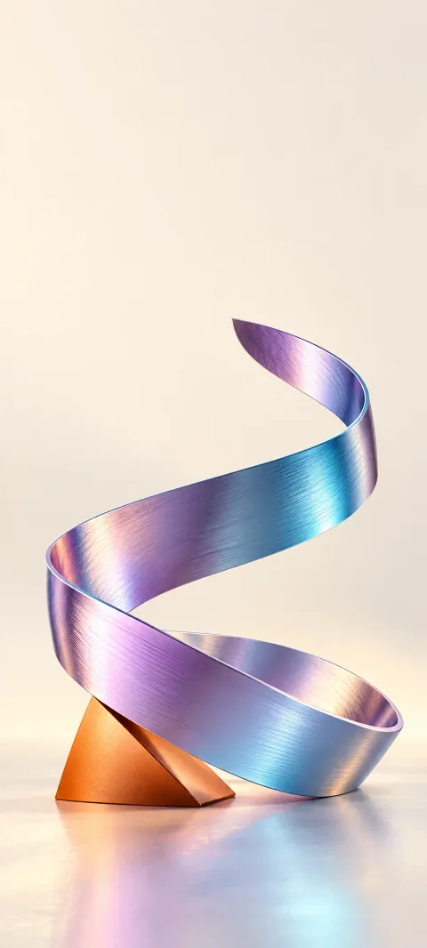 Iridescent lavender and cyan aluminum spiral supported by an orange wedge.