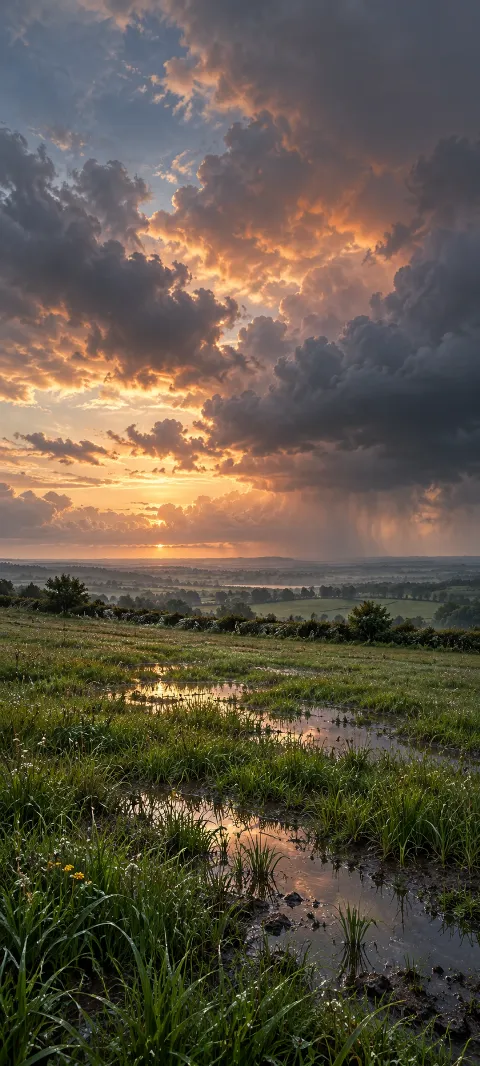 Wet meadow puddles reflecting copper light beneath gray storm clouds.