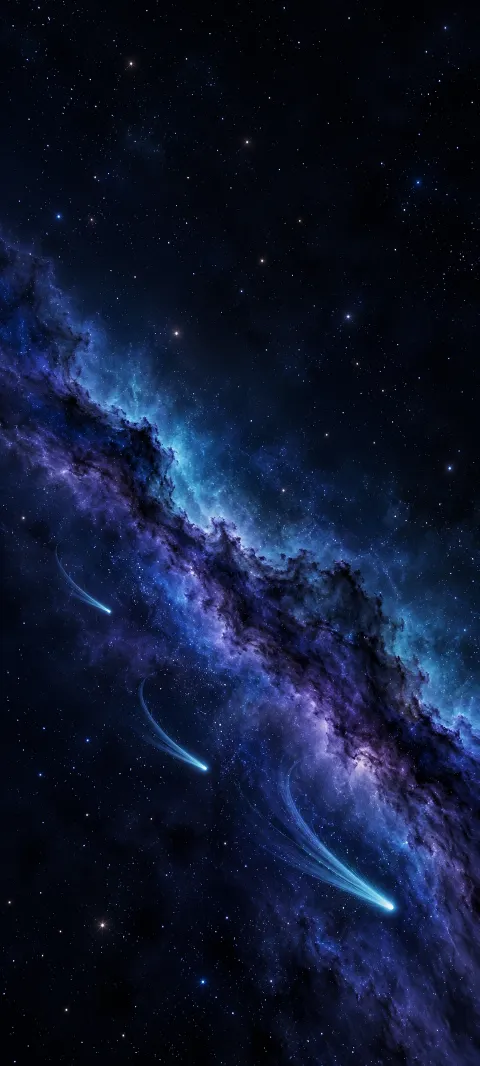 Three cyan comets below a diagonal blue and violet nebula.