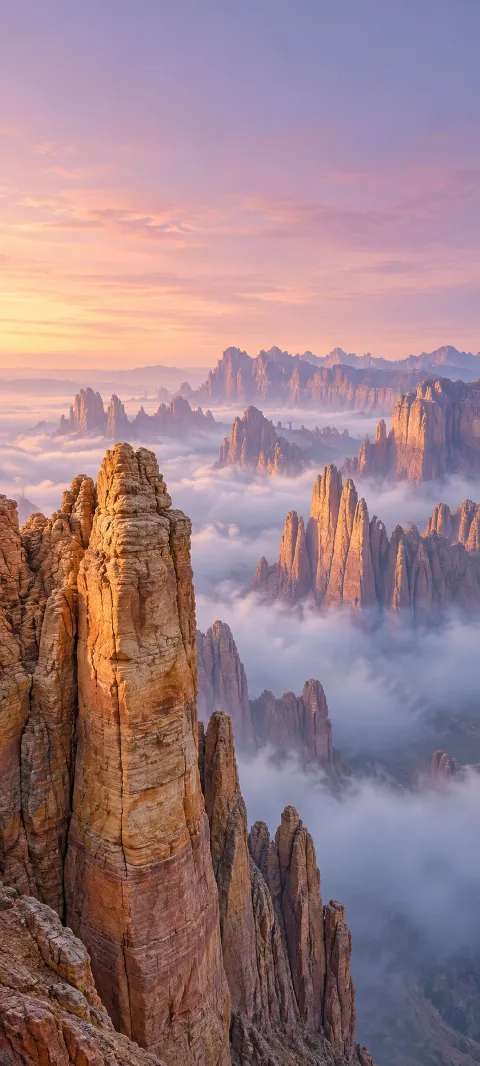 Golden sandstone pillars emerging from fog beneath a lilac dawn sky.