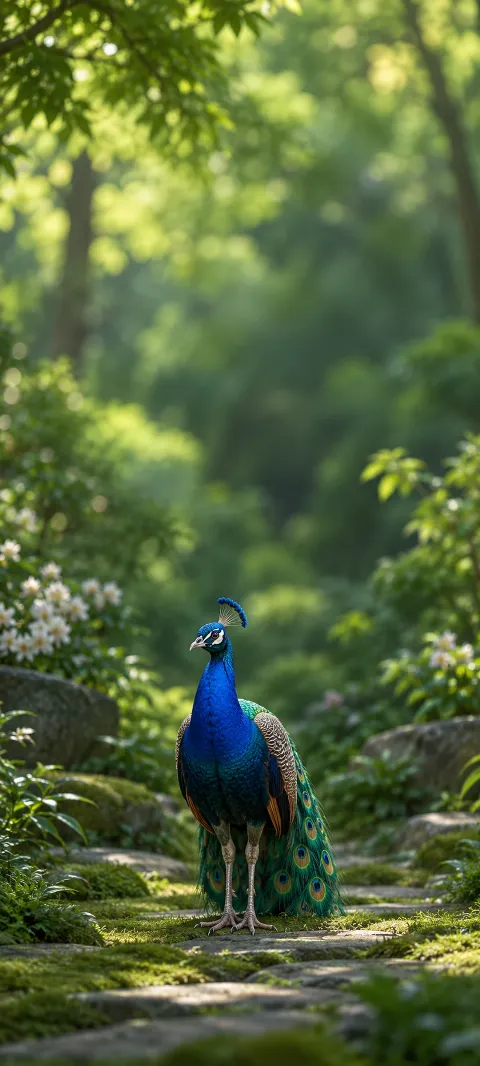 Upright blue peacock with a folded green train on a garden path.