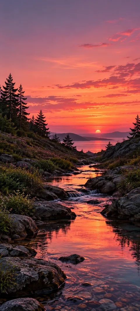 A creek reflects a rose sunset between dark banks.