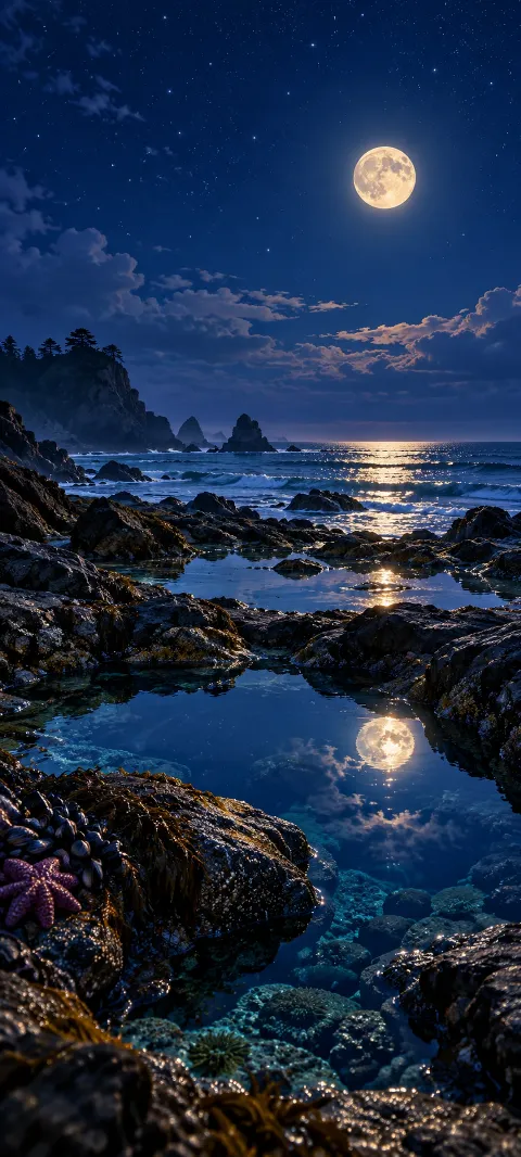 Moonlit tide pools mirror a deep blue sky.