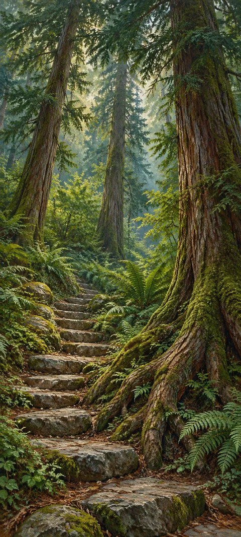 Rough stone steps among mossy cedar roots and green forest ferns.
