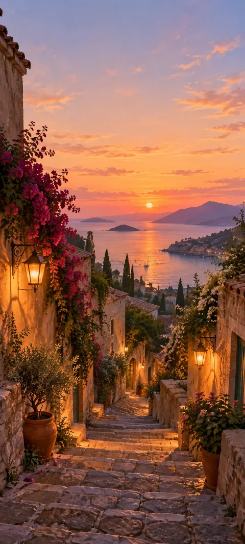 Lantern-lit stone steps and pink flowers overlooking a sunset bay.