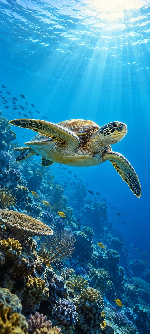 A sea turtle swims above a blue reef slope.