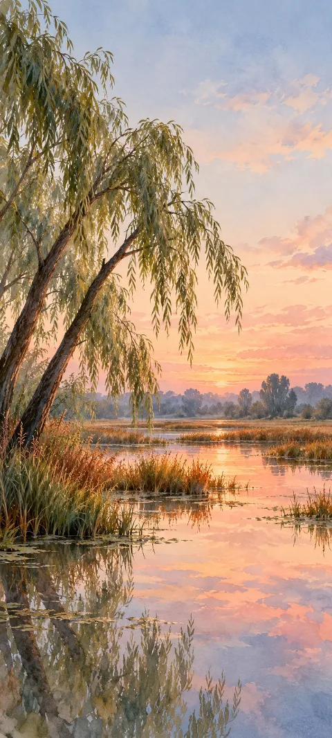 Willow branches over a reflective marsh with copper grasses and a pale peach evening sky.