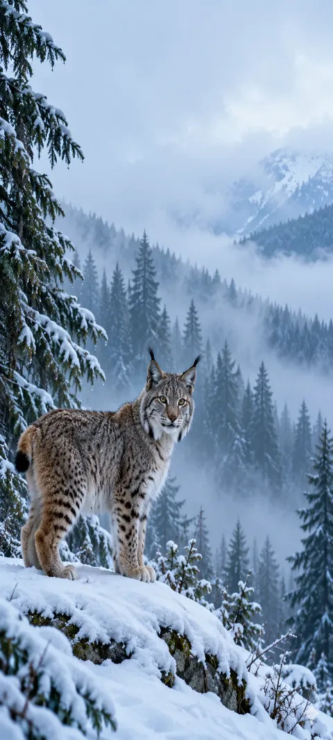 A lynx watches from a snowy spruce edge.