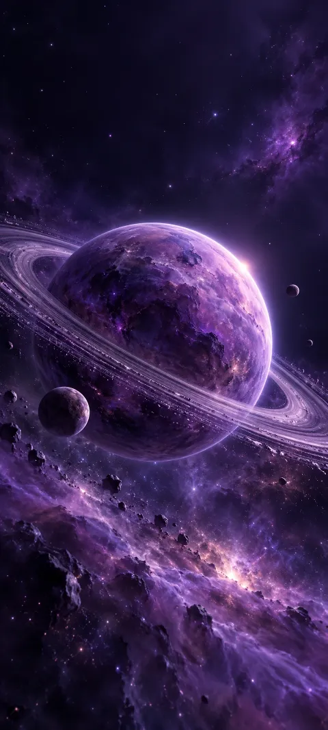 A small amethyst planet with a thin ring floats before violet dust.